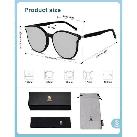 ⚡SOJOS Women Dark Black Classic Round Retro Vintage Large Frame Sunglasses - Picture 5 of 5